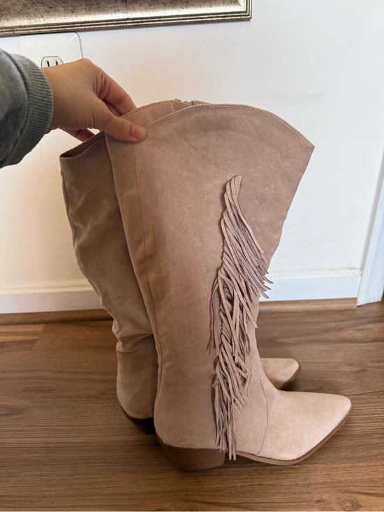 Public Desire Shoes - Tucker Beige Faux Suede Knee High Tassle Detail Western Boots